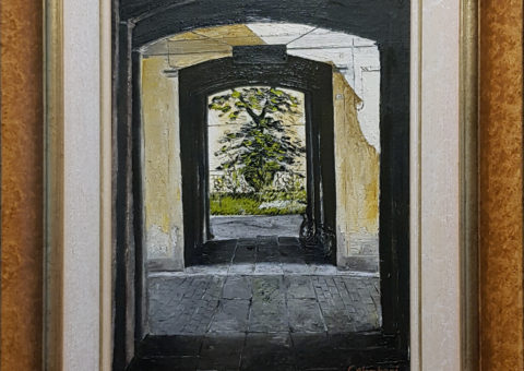 Cortili in via Emilia San Pietro (RE) - olio su tela di iuta 30x40 cm (1997)
