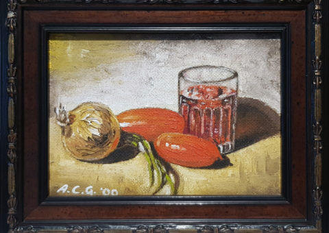 Pomodori e cipolla - olio su tavola 18x13 cm (2000)