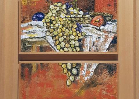 Uva, prugne e mela - olio su tavola 25x30 cm (2002)